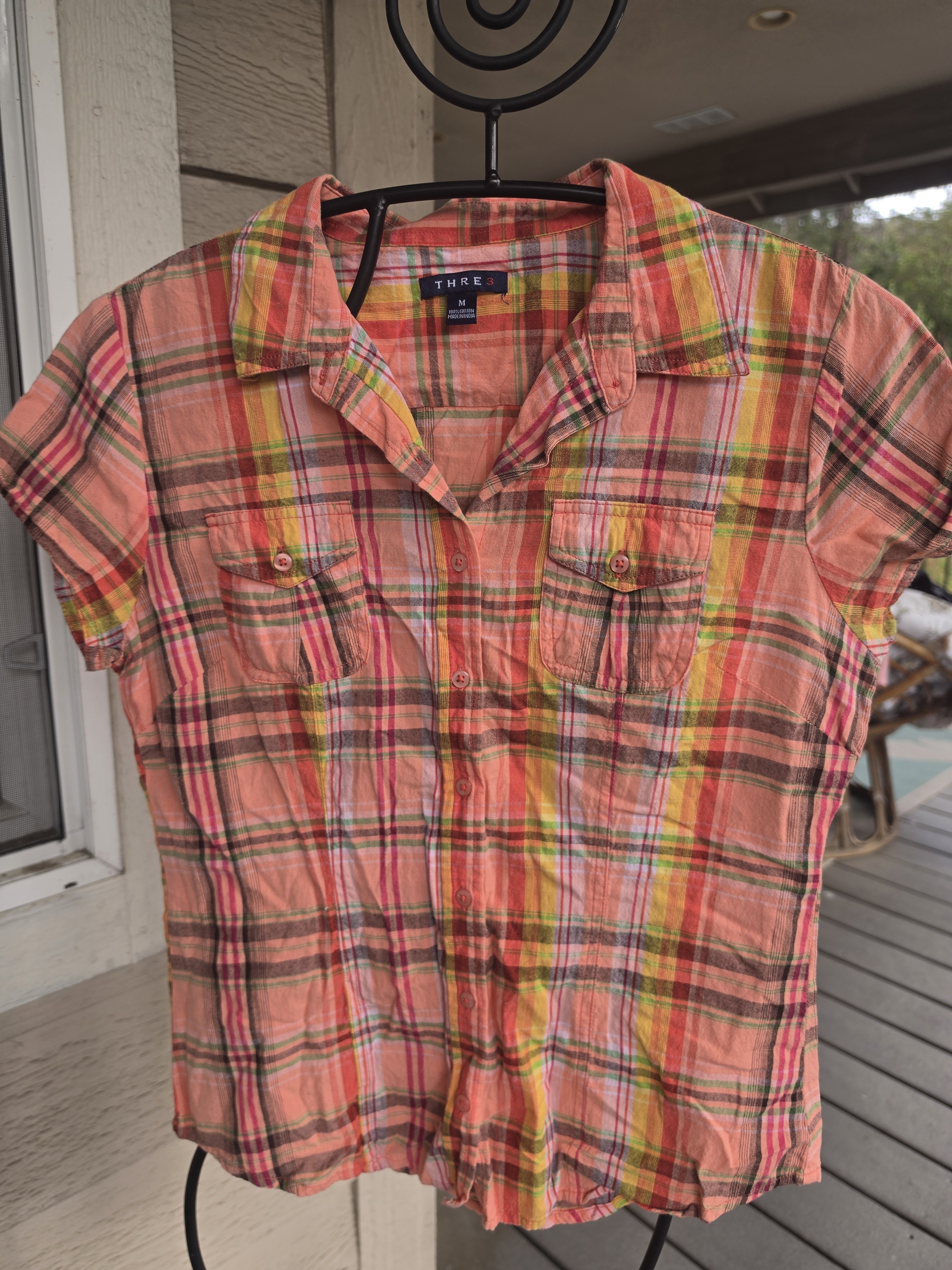 Three Plaid Button-Up Shirt In Peach And Yellow